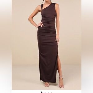 Lulus Enticing Darling Dark Brown Asymmetrical Ruched Maxi Dress
